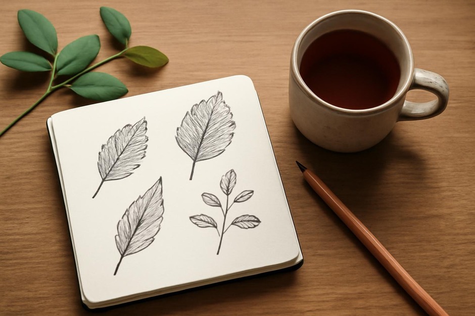 A small sketchbook open to quick ink drawings of leaves beside a pencil and a cup of tea