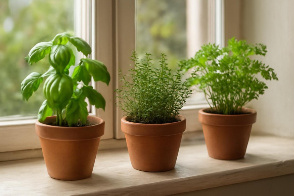 Small terracotta pots of basil, thyme, and parsley on a sunny windowsill
