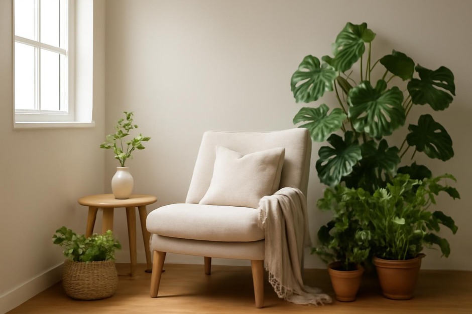 A small cozy corner with a chair and plants
