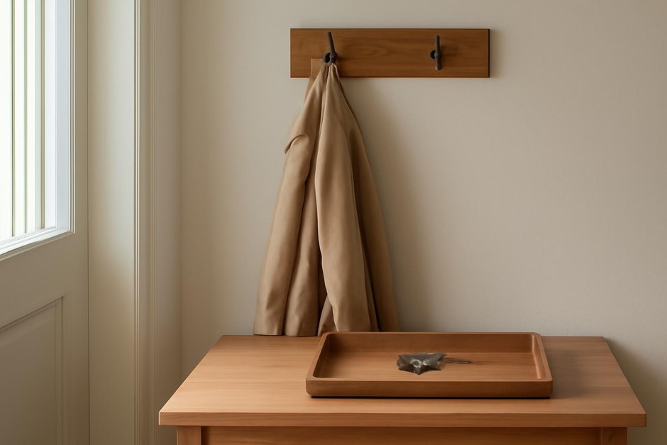 Simple entryway drop zone with tray, keys, and coat hook