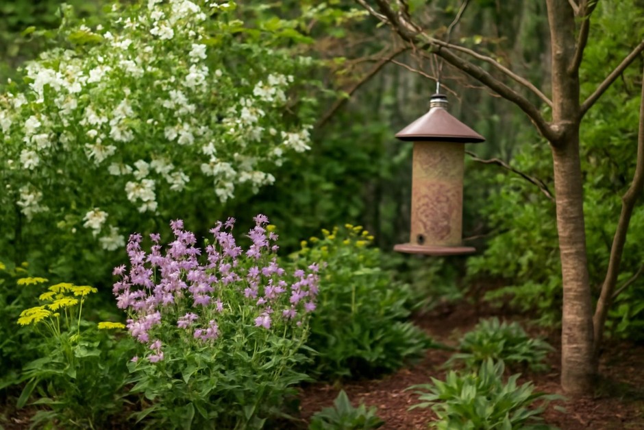A small garden with flowering shrubs and a bird feeder among branches