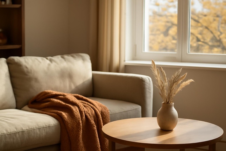 A sunlit living room with a throw blanket and a small vase of dried grasses on a table